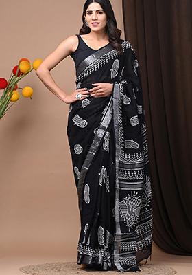 Black Printed Linen Saree Set