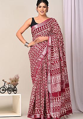 Maroon Printed Linen Saree Set