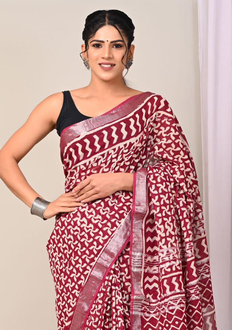 Maroon Printed Linen Saree Set