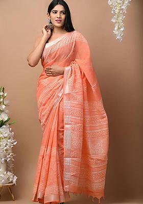Peach Printed Linen Saree Set