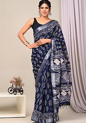 Navy Blue Printed Linen Saree Set