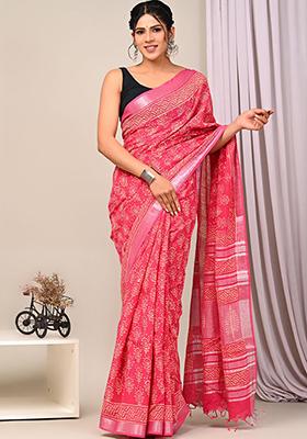Pink Printed Linen Saree Set
