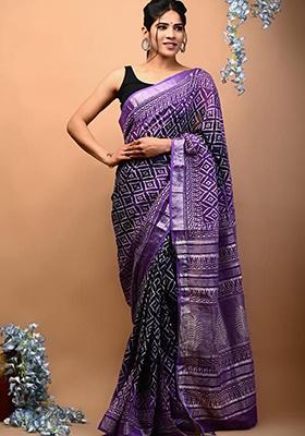 Purple Printed Linen Saree Set