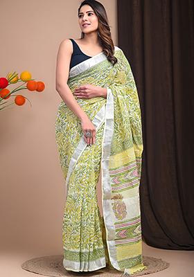 Off White Printed Linen Saree Set