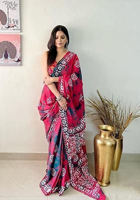 Magenta Printed Linen Saree Set