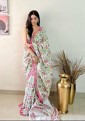 White Printed Linen Saree Set