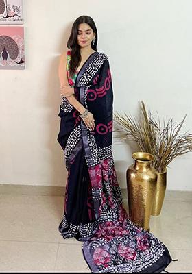 Navy Blue Printed Linen Saree Set