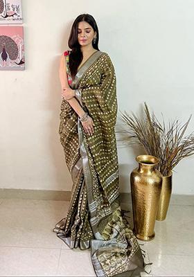 Olive Printed Linen Saree Set