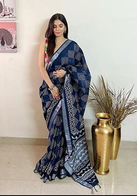 Blue Printed Linen Saree Set