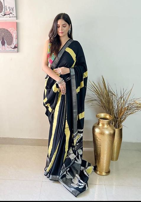 Black Printed Linen Saree Set