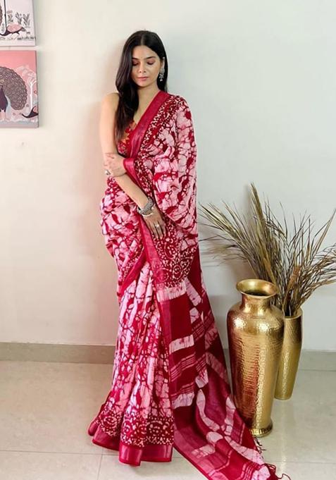 Maroon Printed Linen Saree Set