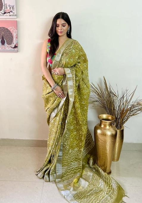 Olive Printed Linen Saree Set