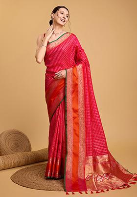 Pink Woven Silk Saree Set