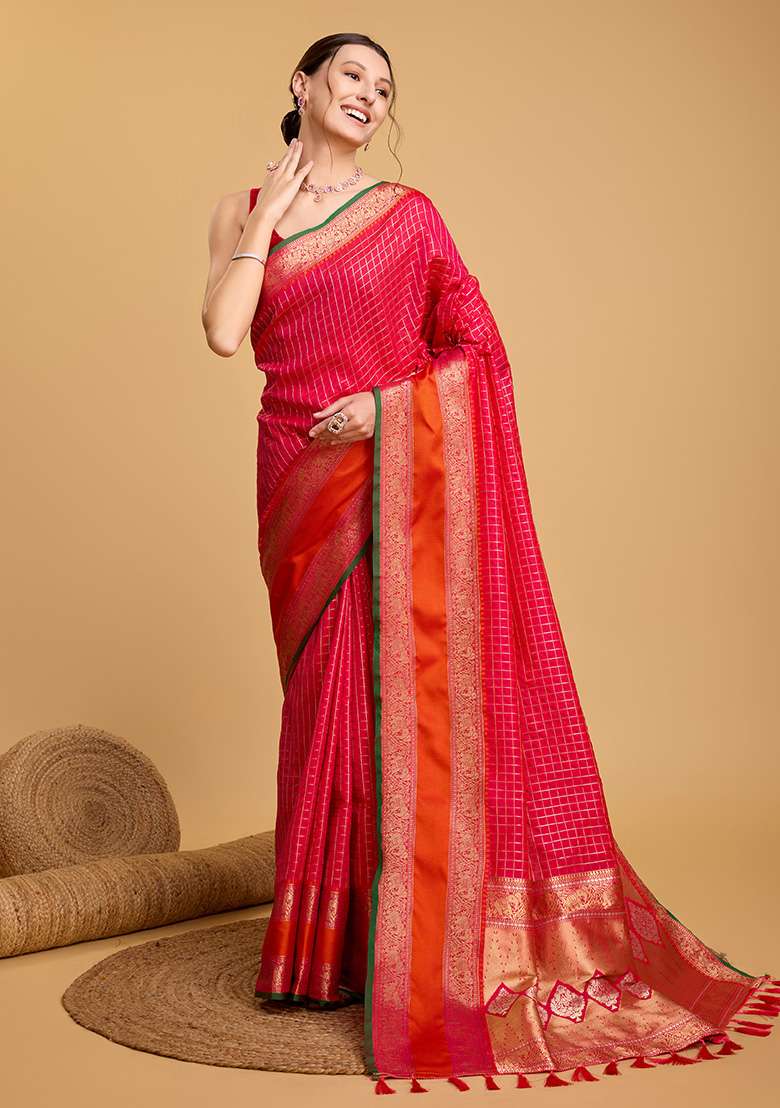 Pink Woven Silk Saree Set - Indya
