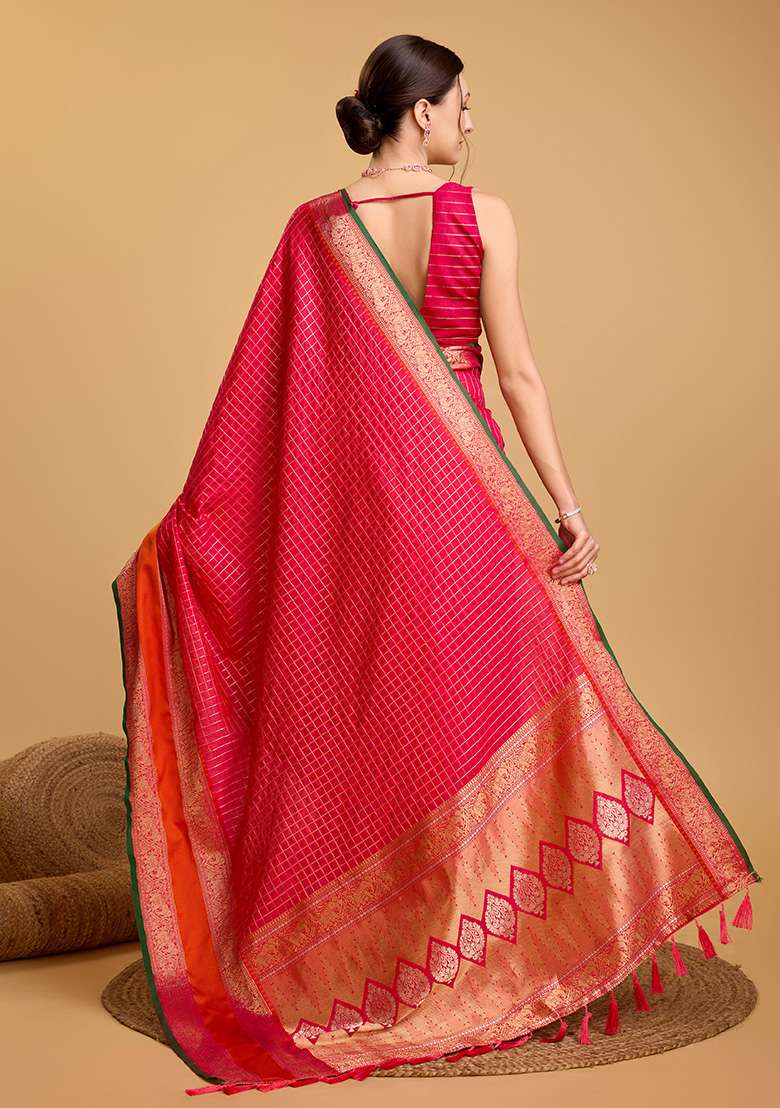 Pink Woven Silk Saree Set - Indya