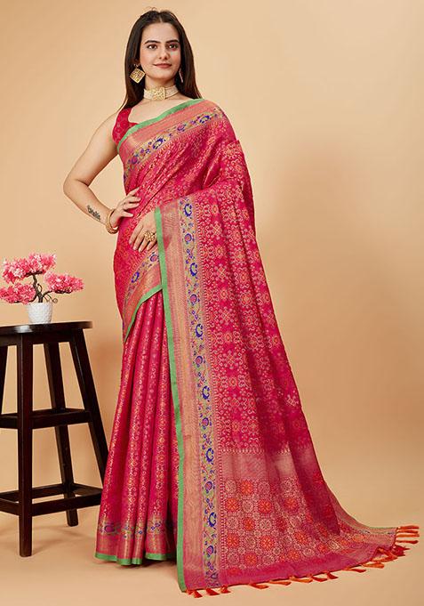 Pink Woven Silk Saree Set