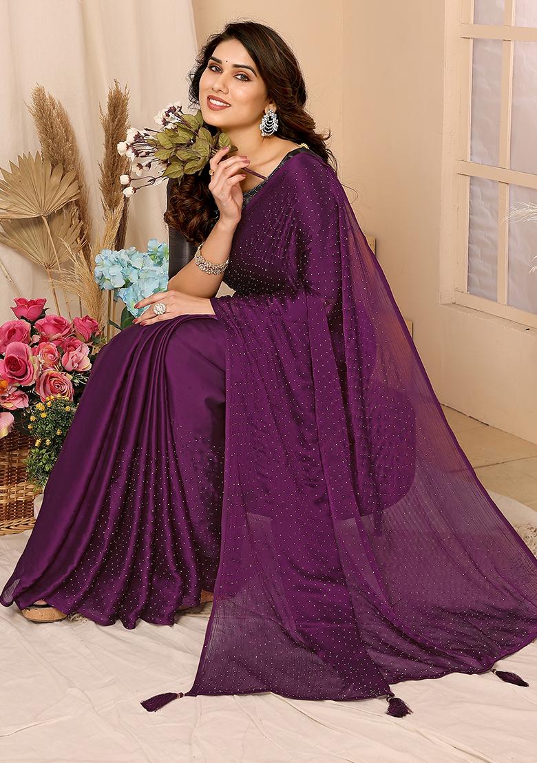 Purple Embroidered Chiffon Saree Set