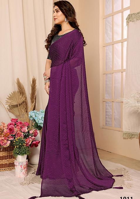 Purple Embroidered Chiffon Saree Set