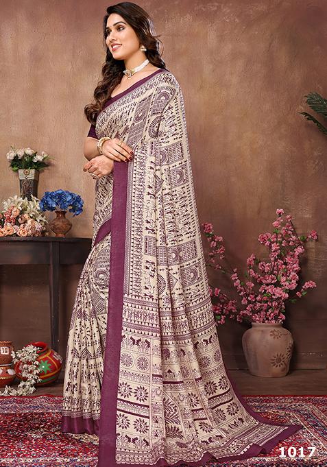 Cream Printed Khadi Saree Set