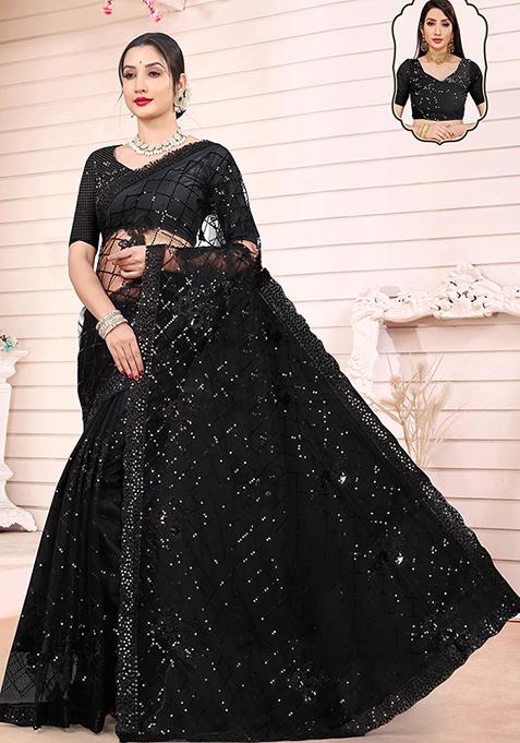 Black Embroidered Net Saree Set