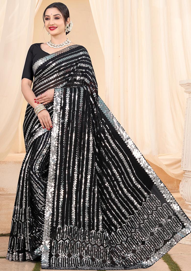 Black Embroidered Georgette Saree Set - Indya