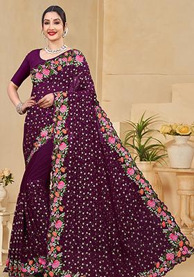 Wine Embroidered Georgette Saree Set
