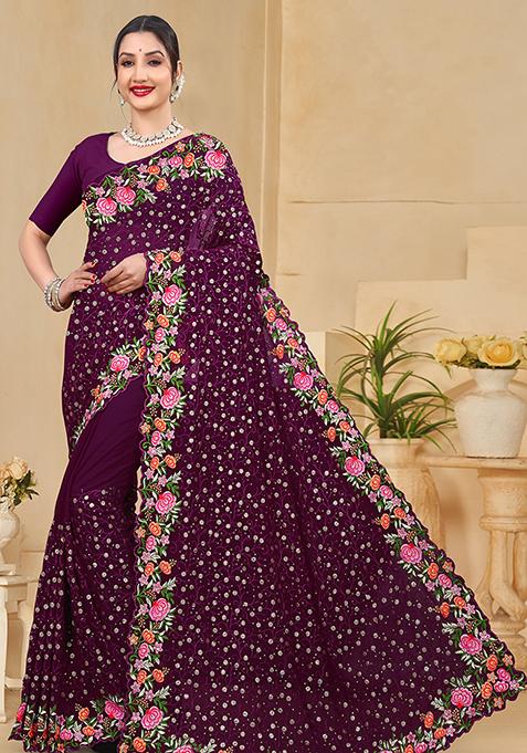 Wine Embroidered Georgette Saree Set