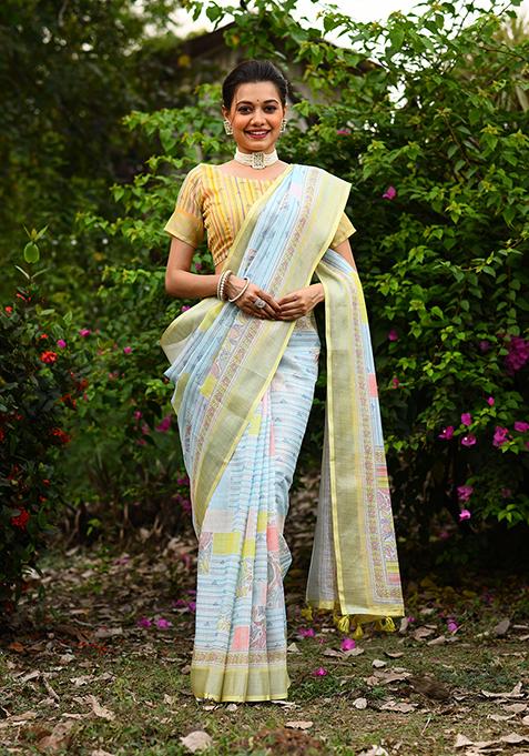 Green Woven Linen Saree Set