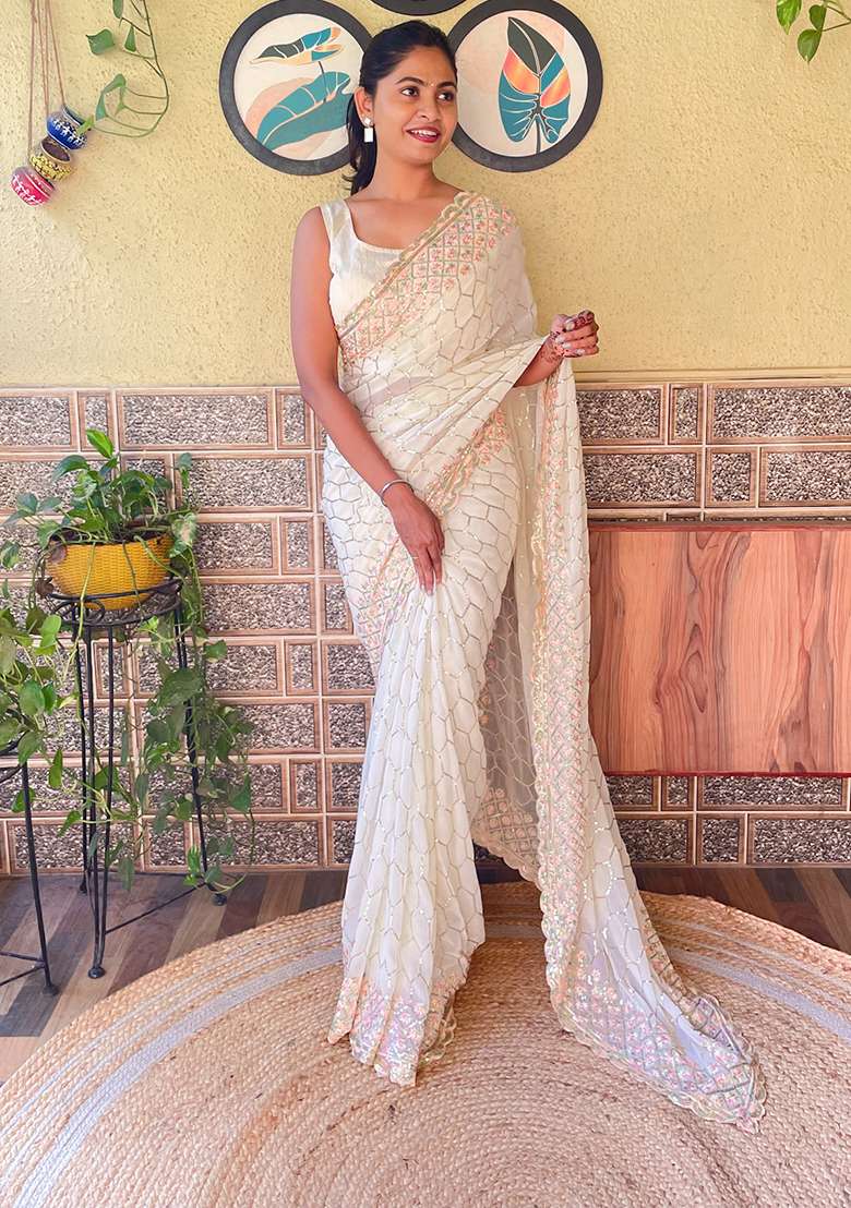 Cream Georgette Saree Set with Embroidered for Diwali | Wedding & Festive Wear - Indya