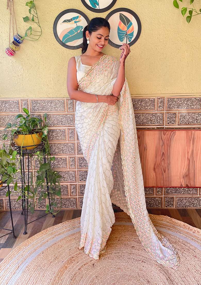 Cream Georgette Saree Set with Embroidered for Diwali | Wedding & Festive Wear - Indya