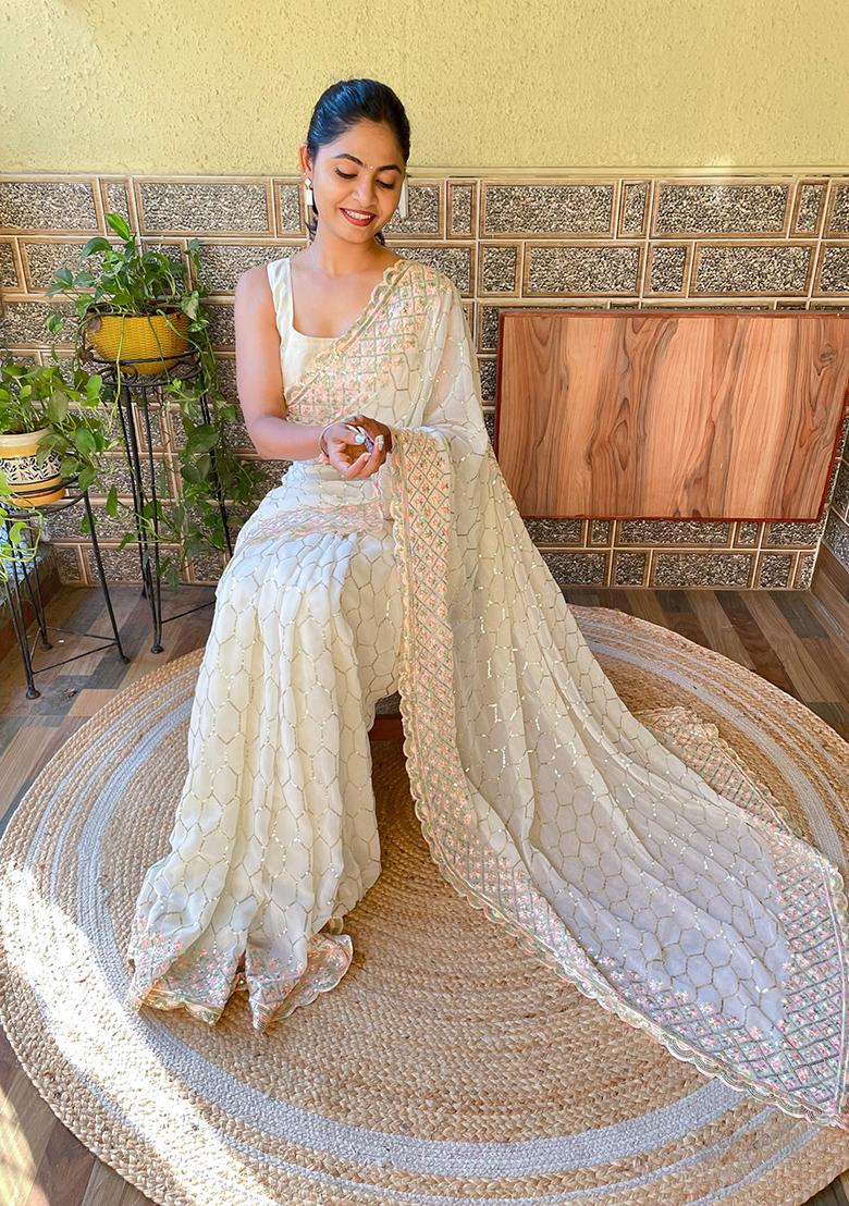 Cream Embroidered Georgette Saree Set