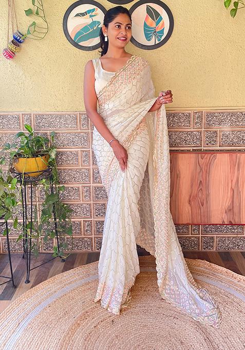 Cream Embroidered Georgette Saree Set