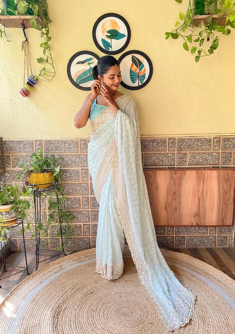 Sky Blue Embroidered Georgette Saree Set