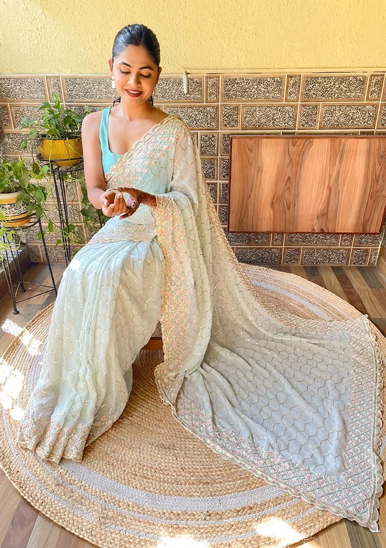 Sky Blue Embroidered Georgette Saree Set