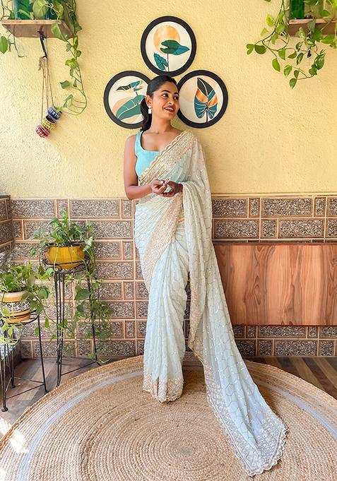 Sky Blue Embroidered Georgette Saree Set