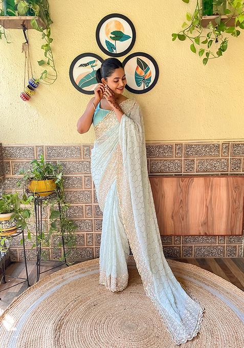Sky Blue Embroidered Georgette Saree Set