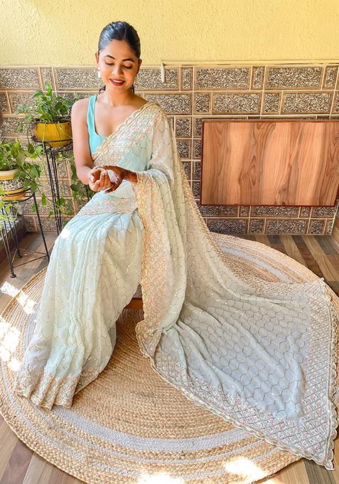 Sky Blue Embroidered Georgette Saree Set