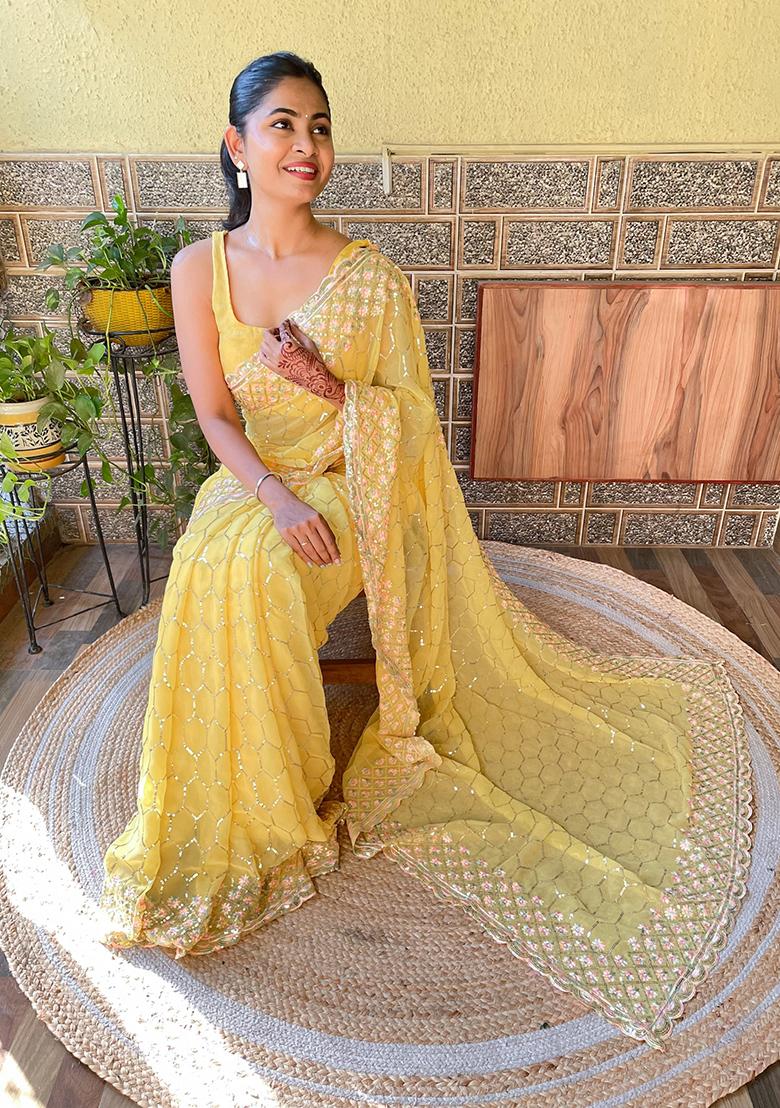 Yellow Embroidered Georgette Saree Set