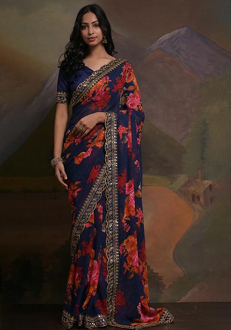 Blue Printed Georgette Saree Set