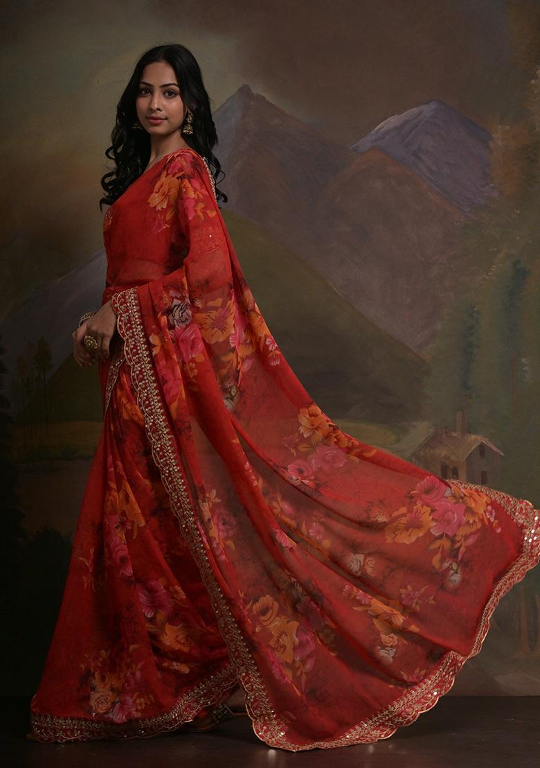 Red Printed Georgette Saree Set