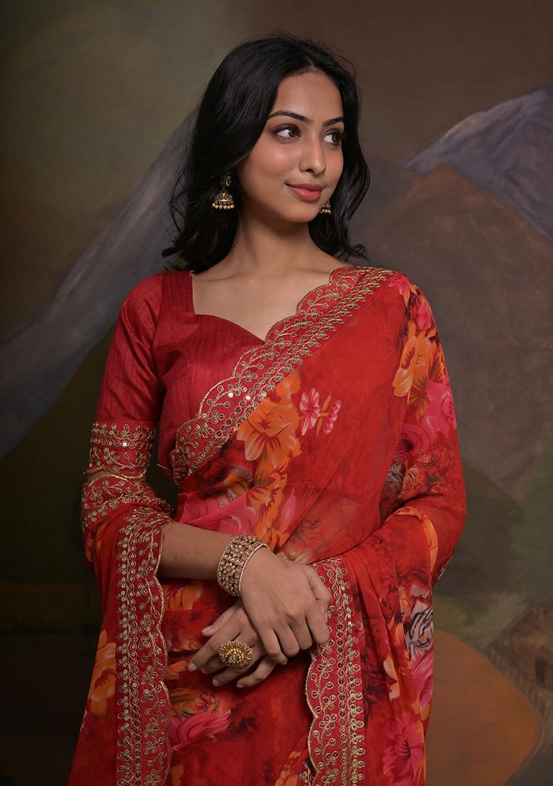 Red Printed Georgette Saree Set