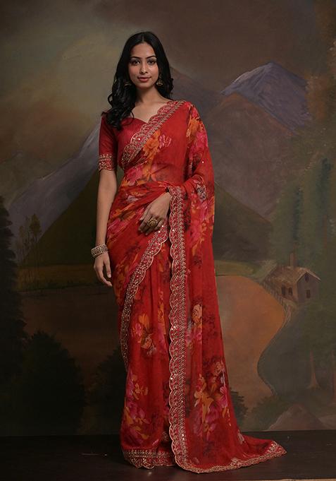 Red Printed Georgette Saree Set