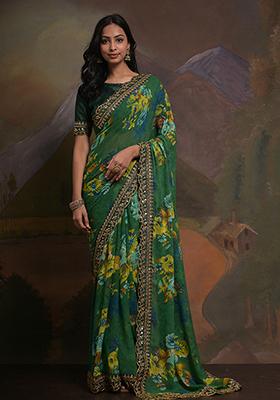 Green Printed Georgette Saree Set