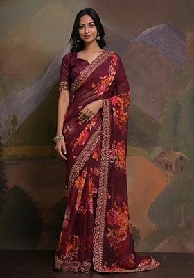 Wine Printed Georgette Saree Set