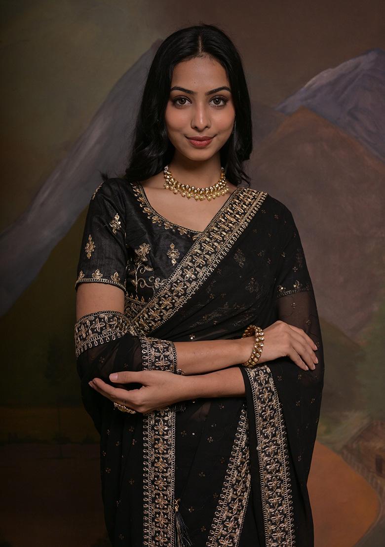 Black Embroidered Georgette Saree Set