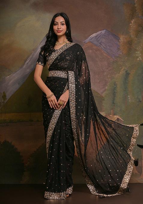 Black Embroidered Georgette Saree Set