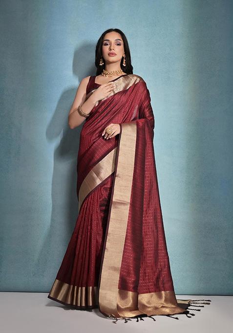 Maroon Woven Silk Saree Set