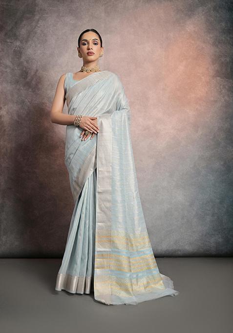 Sky Blue Woven Silk Saree Set