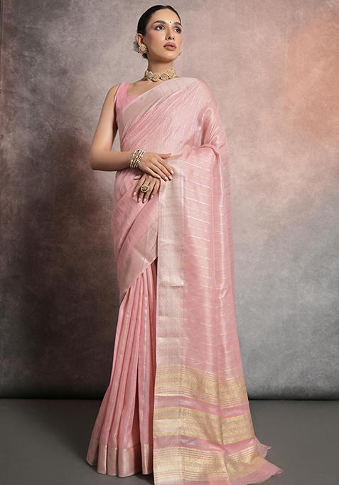 Pink Woven Silk Saree Set