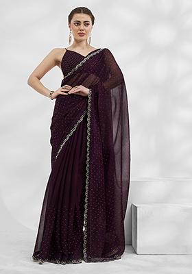 Wine Embroidered Chiffon Saree Set
